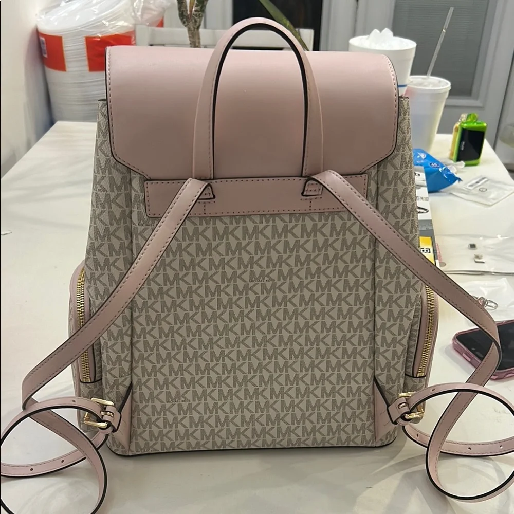 Michael Kors Pink and Beige Signature Logo Backpack